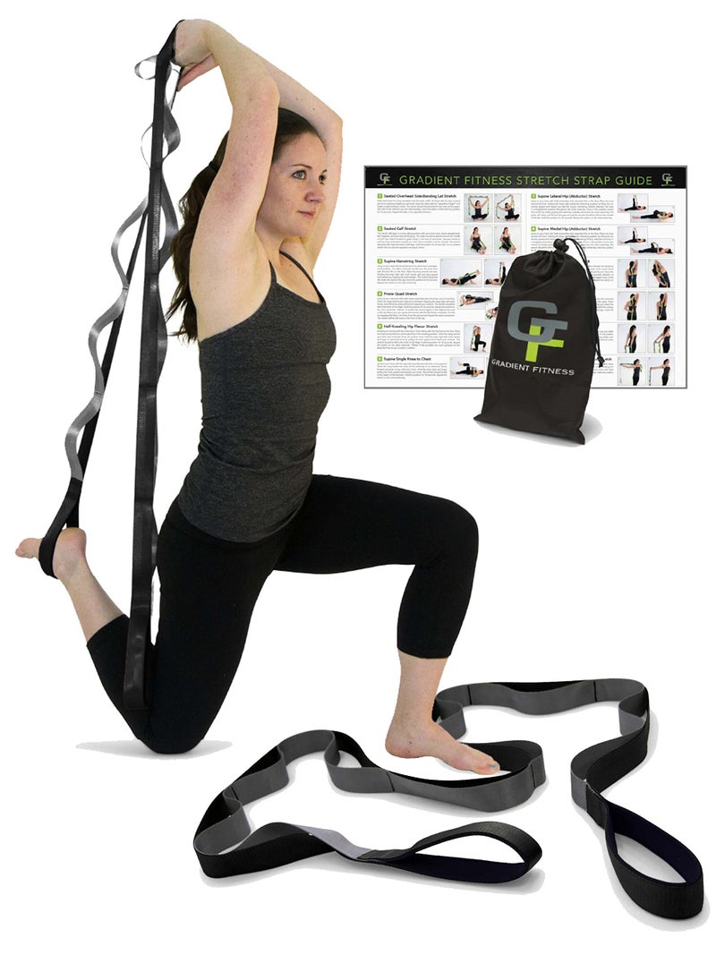 Gradient Fitness Stretching Strap for Physical Therapy, 12 Multi-Loop Stretch Strap 1.5" W x 8' L, Neoprene Handles, Physical Therapy Equipment, Yoga Straps for Stretching, Leg Stretcher, (Black/Grey) - Image 1